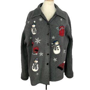 Capacity XL Gray Embroidered Christmas Fleece Button-Up Jacket Snowman Sled Xmas